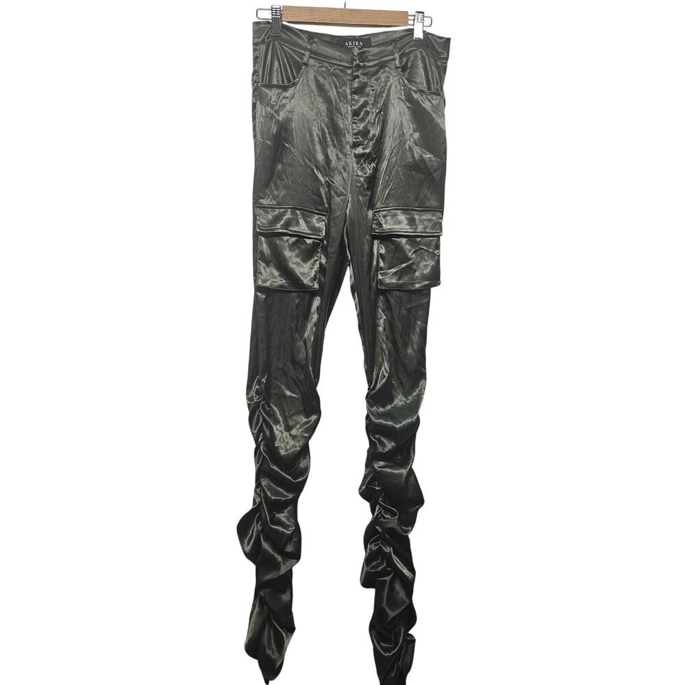 Akira Love Satin Stacked Pants Olive Green Cargo Pockets Size M Style #ak911091